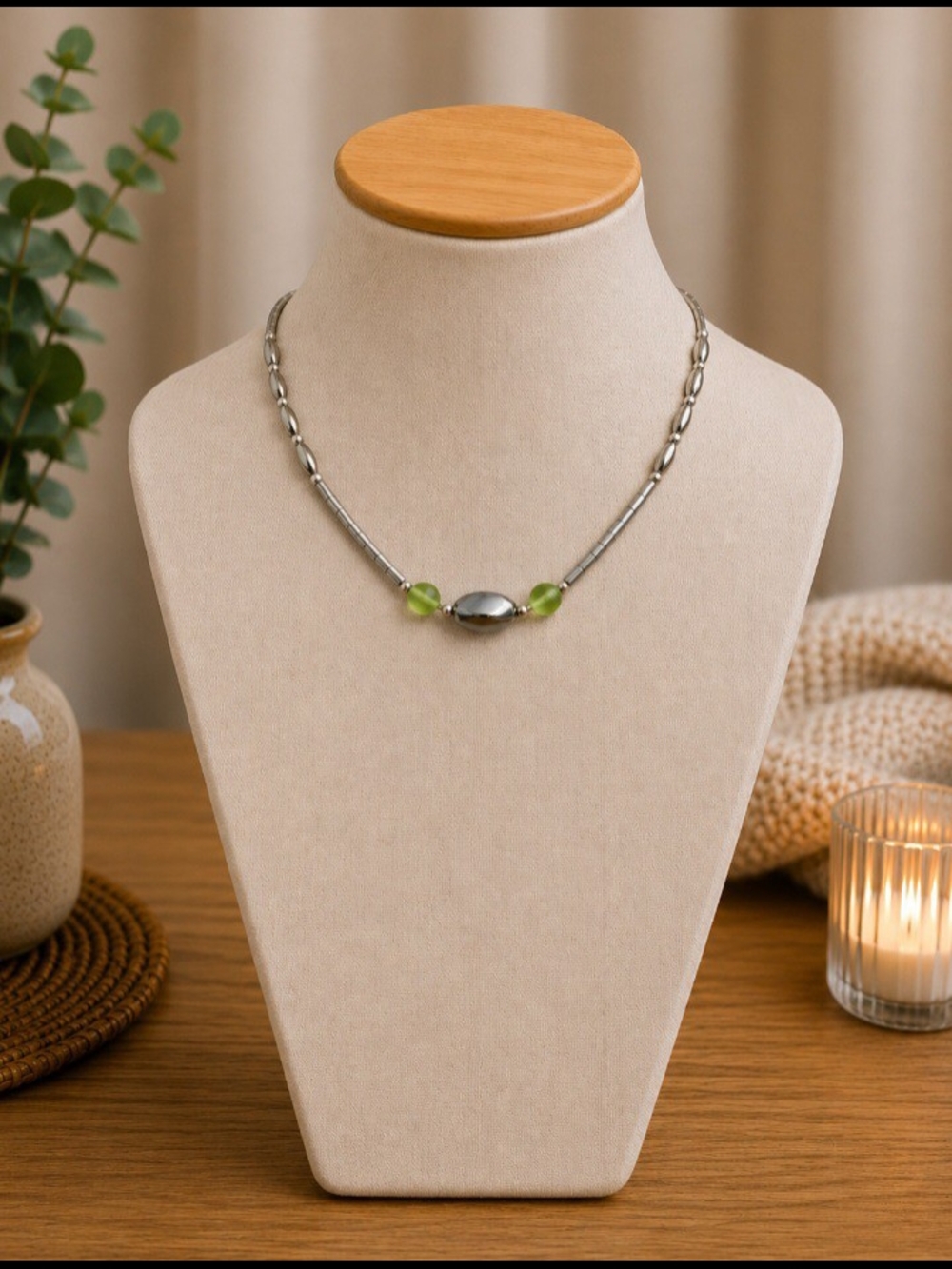Minimalist Silver Necklace with Green Beads